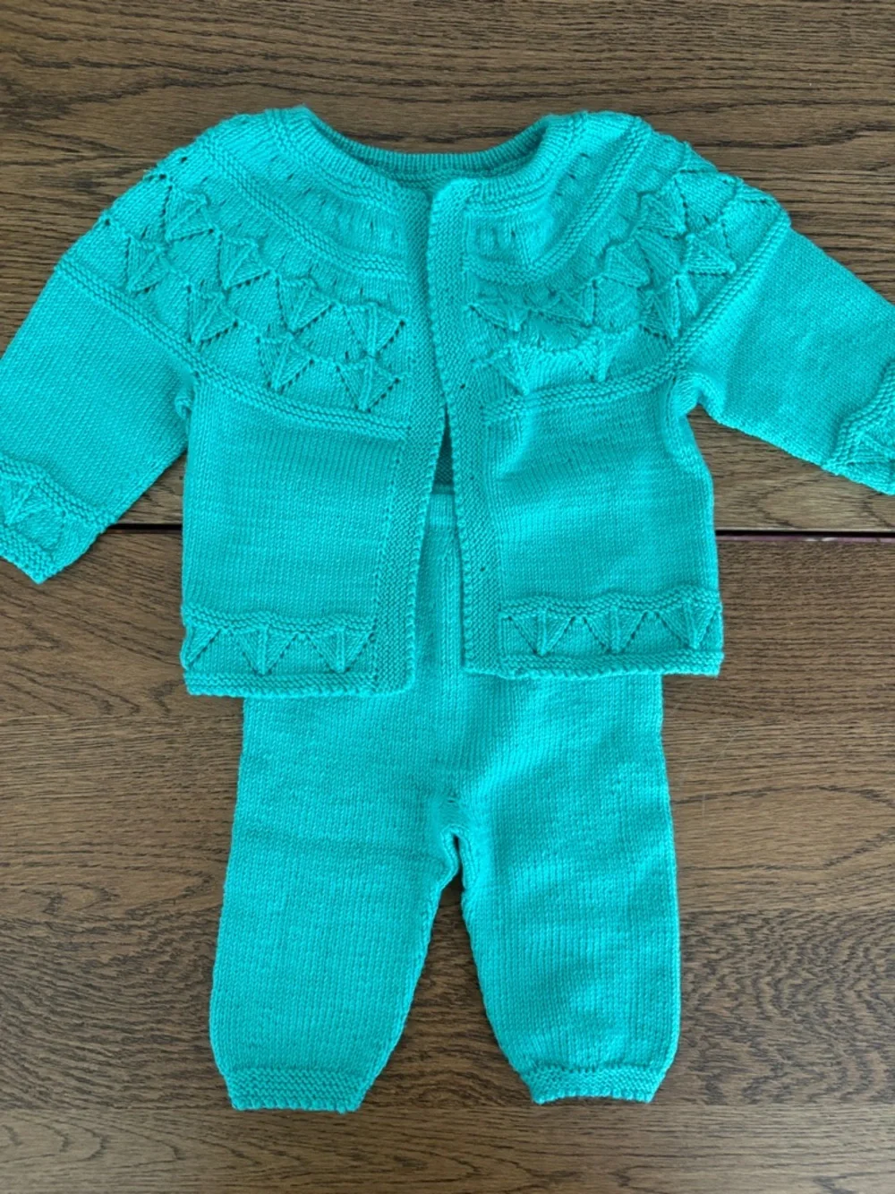 Hand-Knit Baby Cardigan & Pants Set - Bright Teal Turquoise
